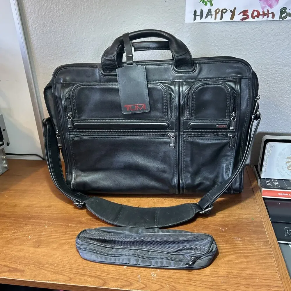 TUMI Alpha Black Leather Briefcase Computer Bag Work Multiple Pockets 17”x13”